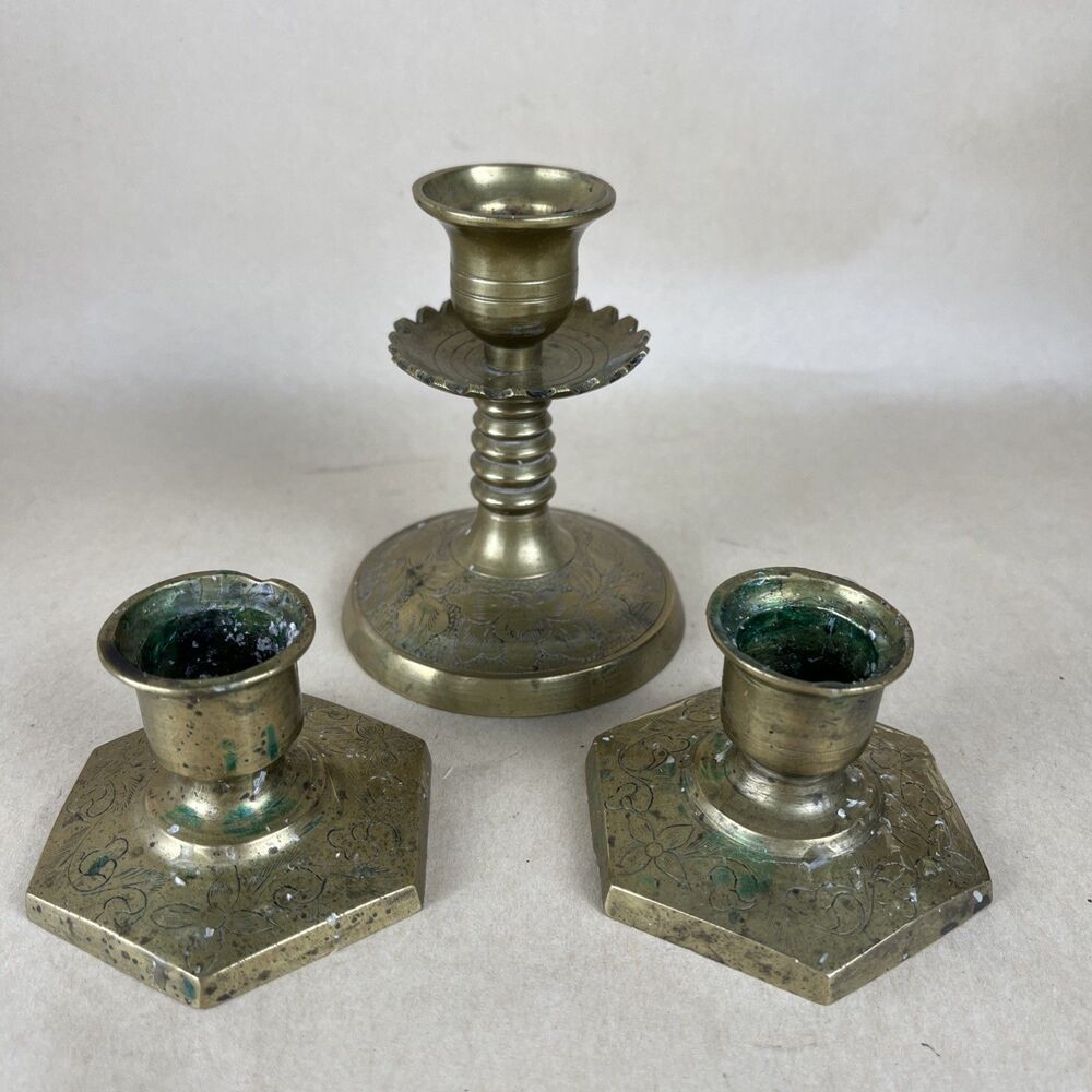 Lot Of 3 VTG Brass Candlestick Holders w/ Floral Base